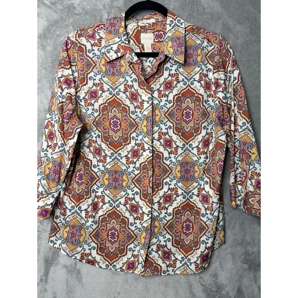 Chicos No-Iron Button Down Shirt 1 Womens M Medallion Paisley 3/4 Sleeve Multi - Picture 2 of 7